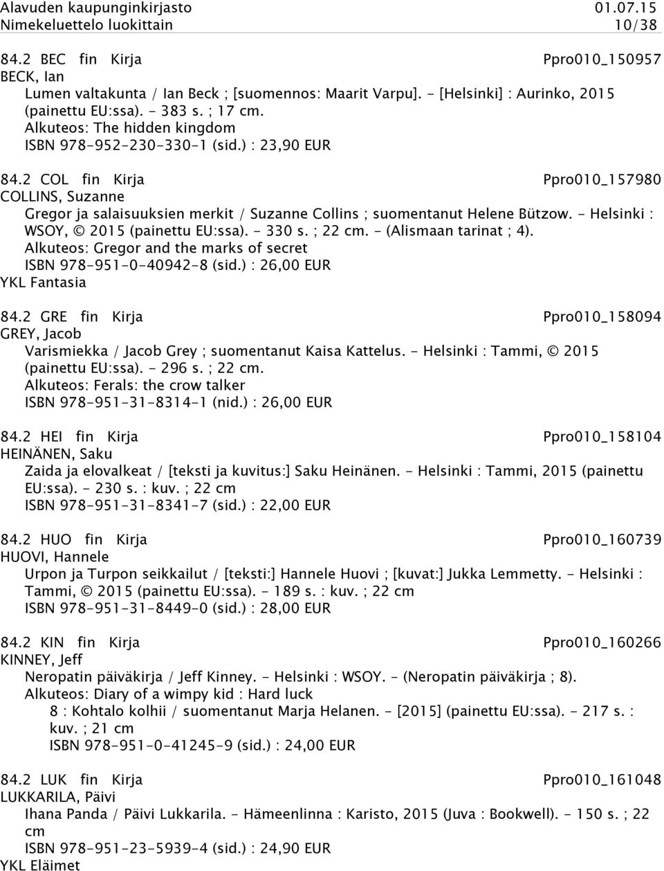 - Helsinki : WSOY, 2015 (painettu EU:ssa). - 330 s. ; 22 cm. - (Alismaan tarinat ; 4). Alkuteos: Gregor and the marks of secret ISBN 978-951-0-40942-8 (sid.) : 26,00 EUR YKL Fantasia 84.