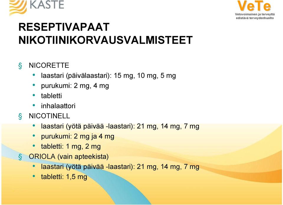 päivää -laastari): 21 mg, 14 mg, 7 mg purukumi: 2 mg ja 4 mg tabletti: 1 mg, 2 mg