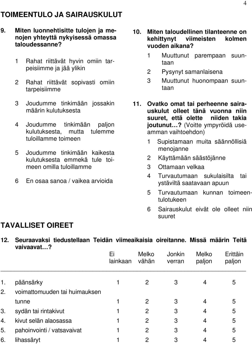 mutta tulemme tuloillamme toimeen 5 Joudumme tinkimään kaikesta kulutuksesta emmekä tule toimeen omilla tuloillamme 6 En osaa sanoa / vaikea arvioida TAVALLISET OIREET 10.