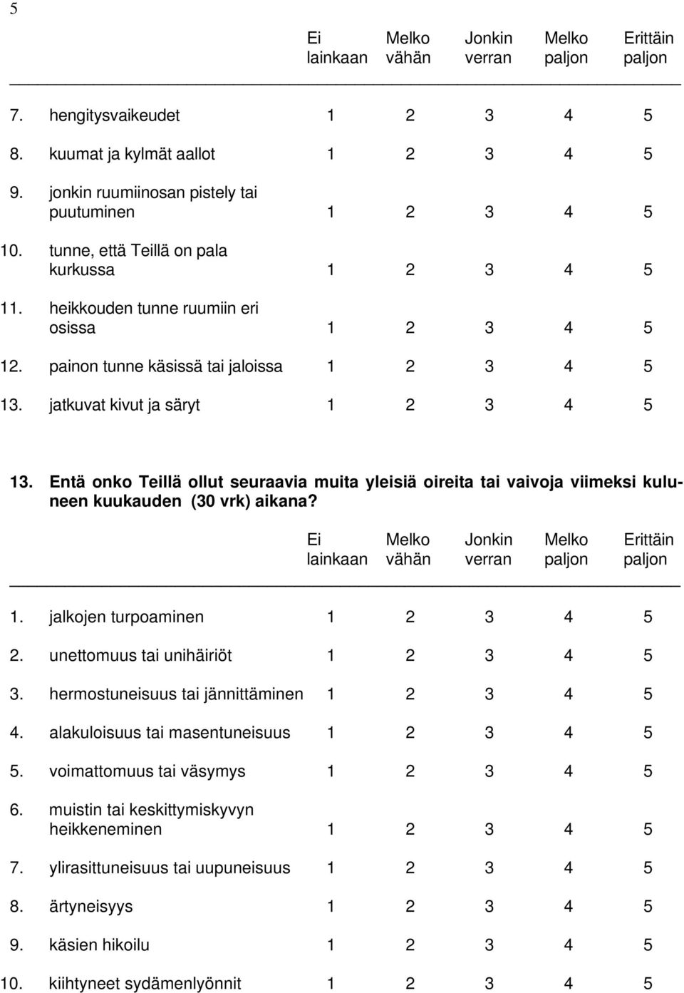 Entä onko Teillä ollut seuraavia muita yleisiä oireita tai vaivoja viimeksi kuluneen kuukauden (30 vrk) aikana? Ei Melko Jonkin Melko Erittäin lainkaan vähän verran paljon paljon _ 1.