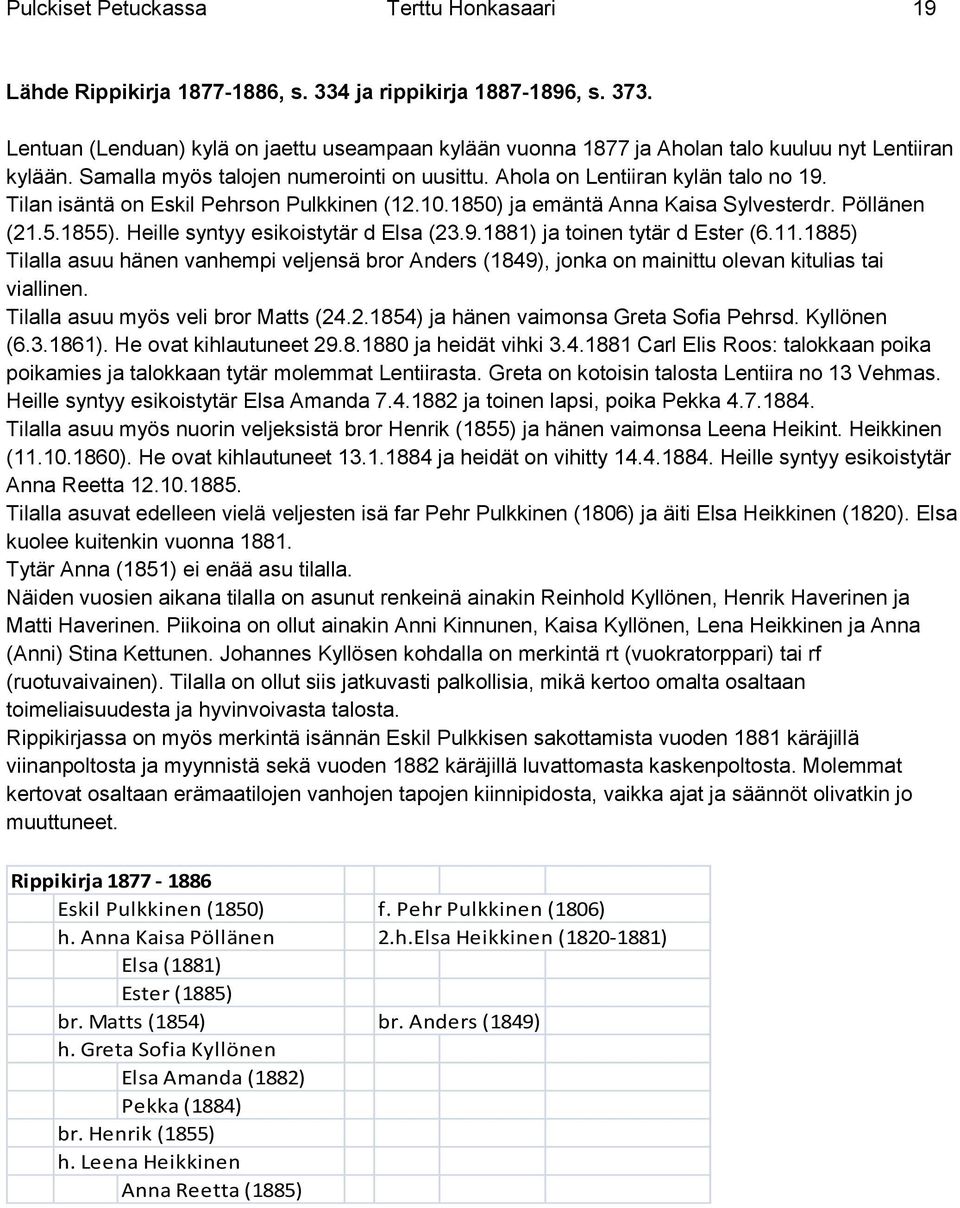 Tilan isäntä on Eskil Pehrson Pulkkinen (12.10.1850) ja emäntä Anna Kaisa Sylvesterdr. Pöllänen (21.5.1855). Heille syntyy esikoistytär d Elsa (23.9.1881) ja toinen tytär d Ester (6.11.