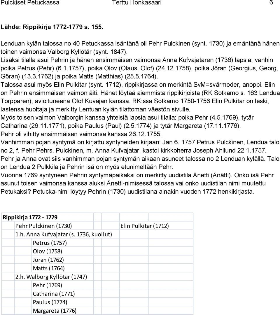 12.1758), poika Jöran (Georgius, Georg, Göran) (13.3.1762) ja poika Matts (Matthias) (25.5.1764). Talossa asui myös Elin Pulkitar (synt. 1712), rippikirjassa on merkintä SvM=svärmoder, anoppi.