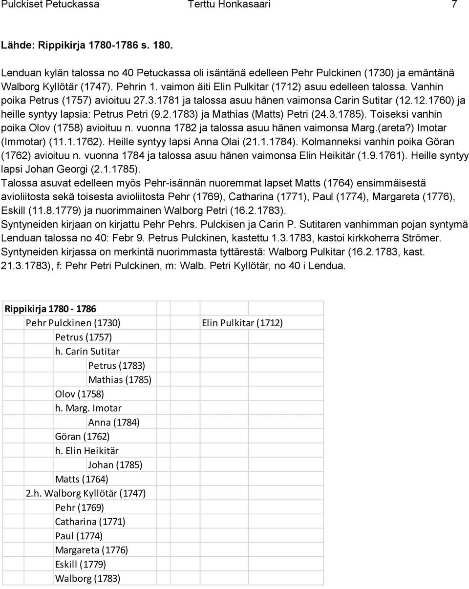 2.1783) ja Mathias (Matts) Petri (24.3.1785). Toiseksi vanhin poika Olov (1758) avioituu n. vuonna 1782 ja talossa asuu hänen vaimonsa Marg.(areta?) Imotar (Immotar) (11.1.1762).