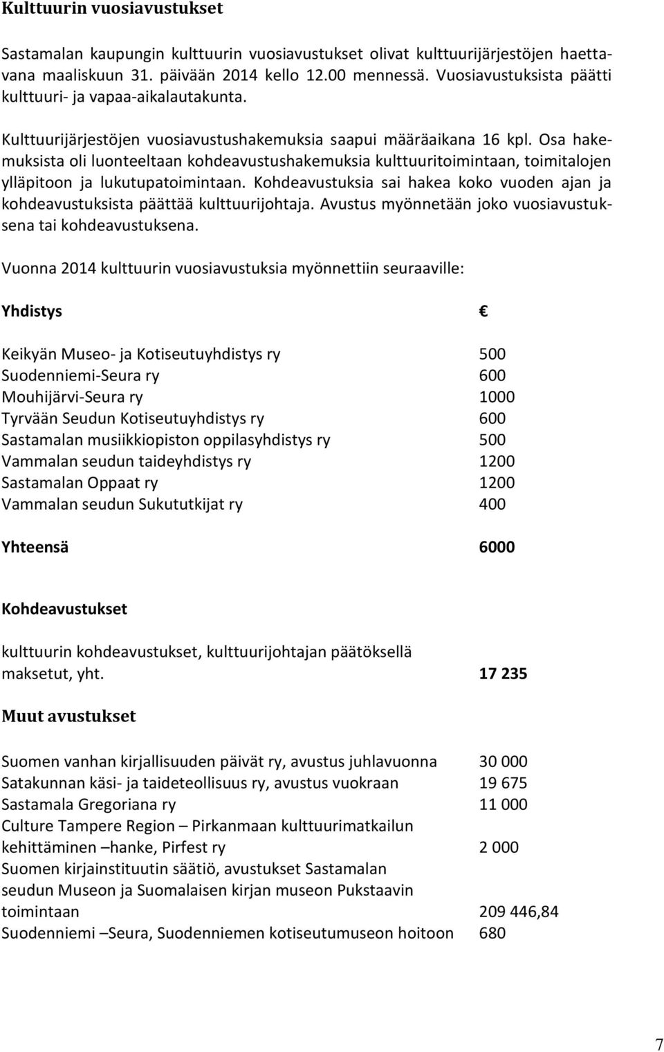 Osa hakemuksista oli luonteeltaan kohdeavustushakemuksia kulttuuritoimintaan, toimitalojen ylläpitoon ja lukutupatoimintaan.