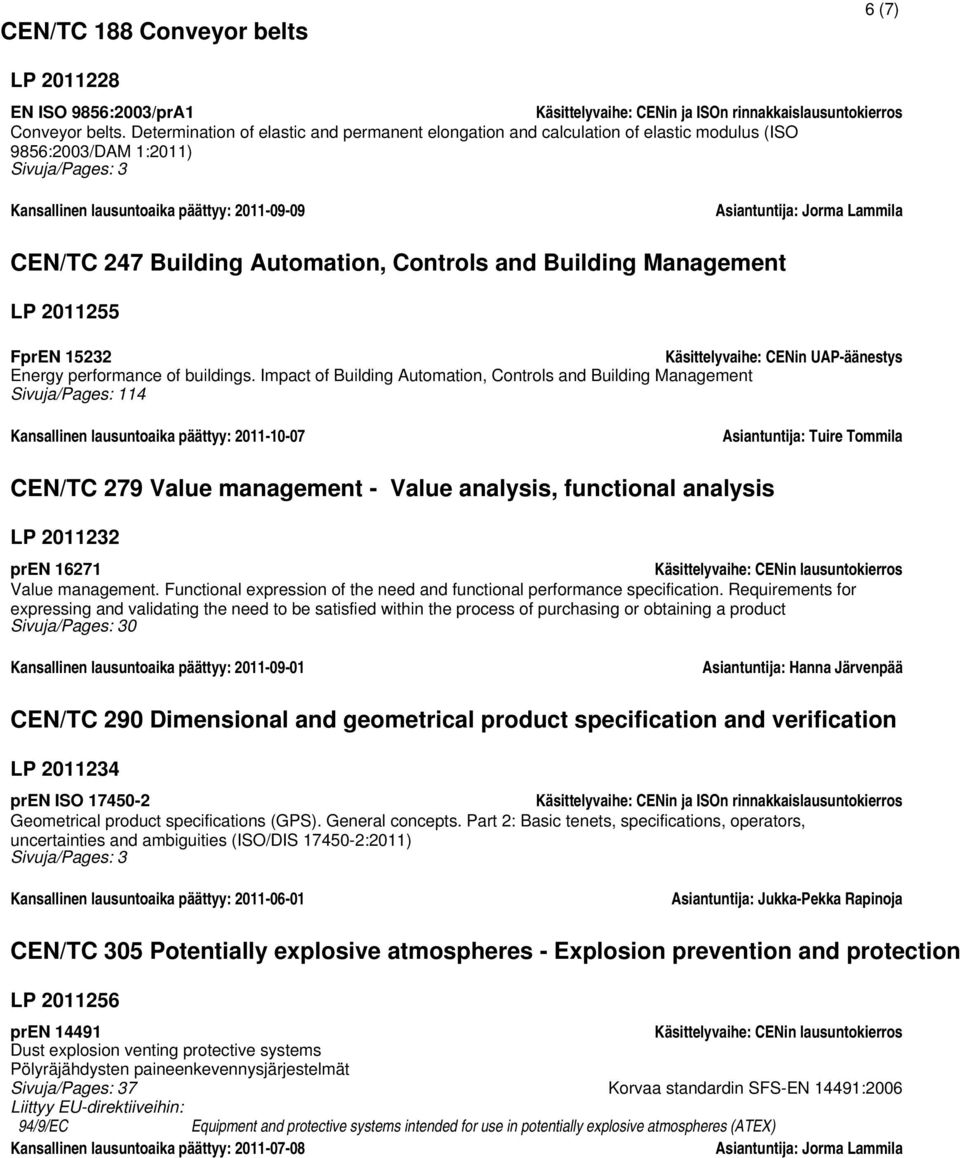 Building Automation, Controls and Building Management LP 2011255 FprEN 15232 Käsittelyvaihe: CENin UAP-äänestys Energy performance of buildings.