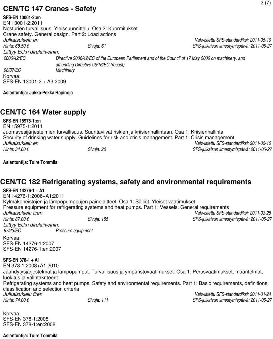 amending Directive 95/16/EC (recast) 98/37/EC Machinery SFS-EN 13001-2 + A3:2009 Asiantuntija: Jukka-Pekka Rapinoja 2 (7) CEN/TC 164 Water supply SFS-EN 15975-1:en EN 15975-1:2011