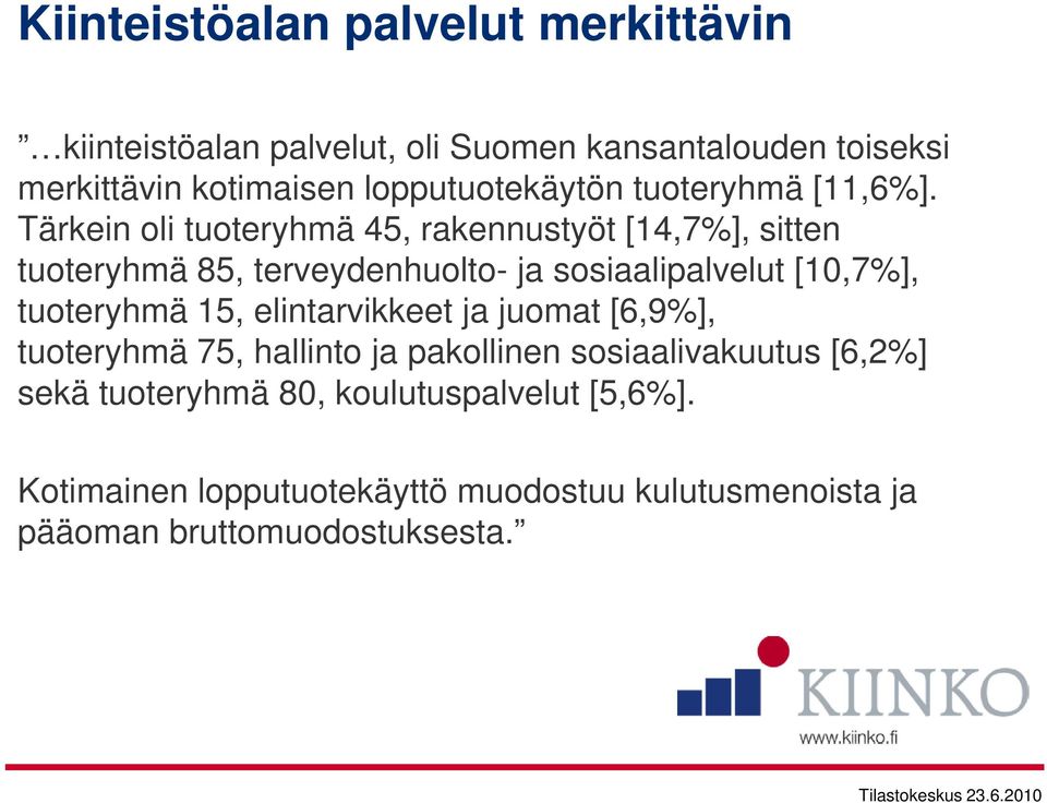 Tärkein oli tuoteryhmä 45, rakennustyöt [14,7%], sitten tuoteryhmä 85, terveydenhuolto- ja sosiaalipalvelut [10,7%], tuoteryhmä 15,