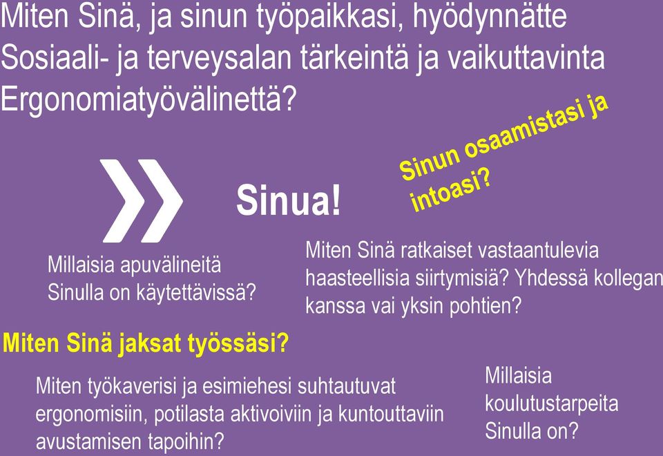 Miten työkaverisi ja esimiehesi suhtautuvat ergonomisiin, potilasta aktivoiviin ja kuntouttaviin avustamisen