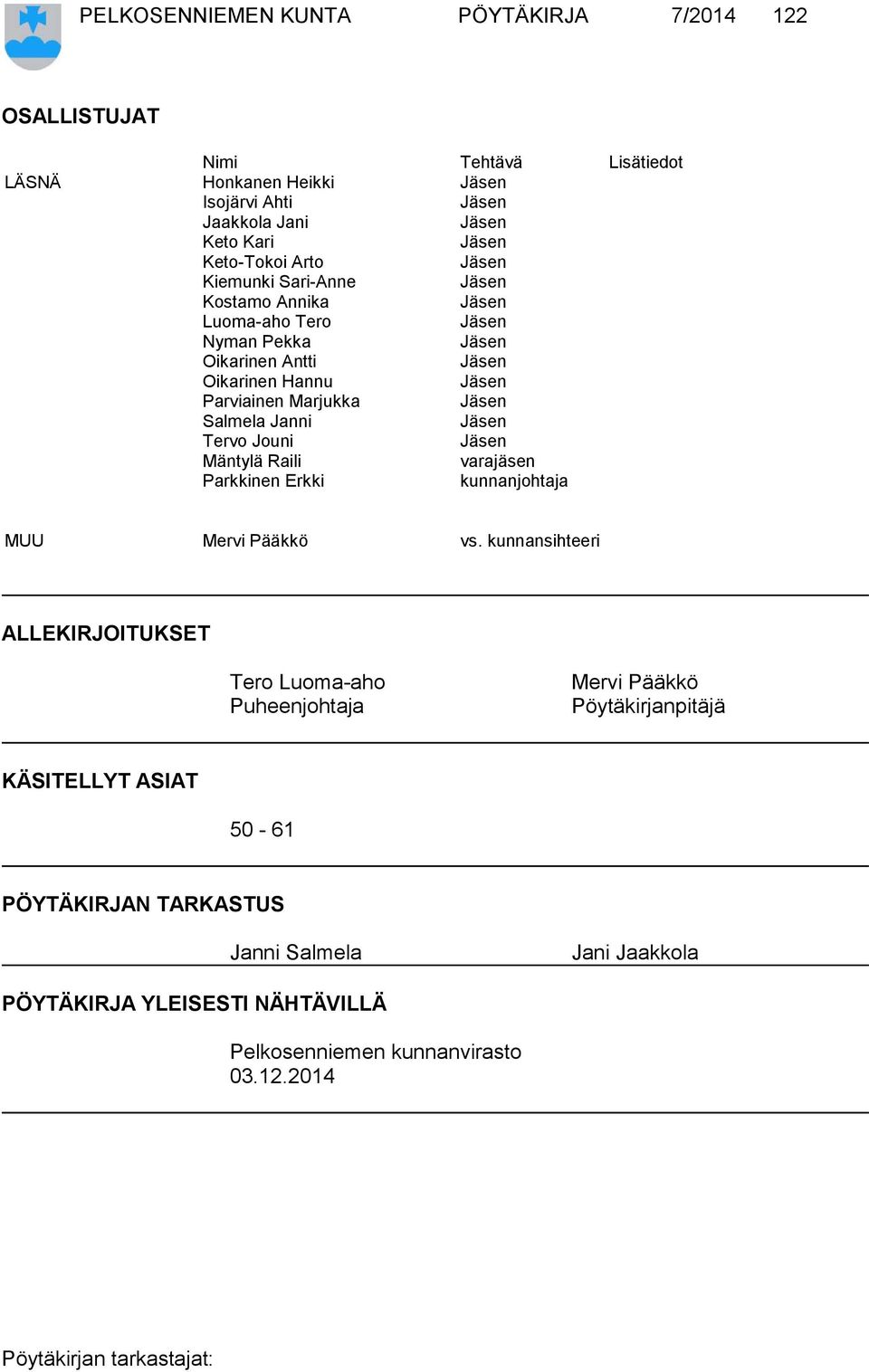 Jäsen Salmela Janni Jäsen Tervo Jouni Jäsen Mäntylä Raili varajäsen Parkkinen Erkki kunnanjohtaja MUU Mervi Pääkkö vs.