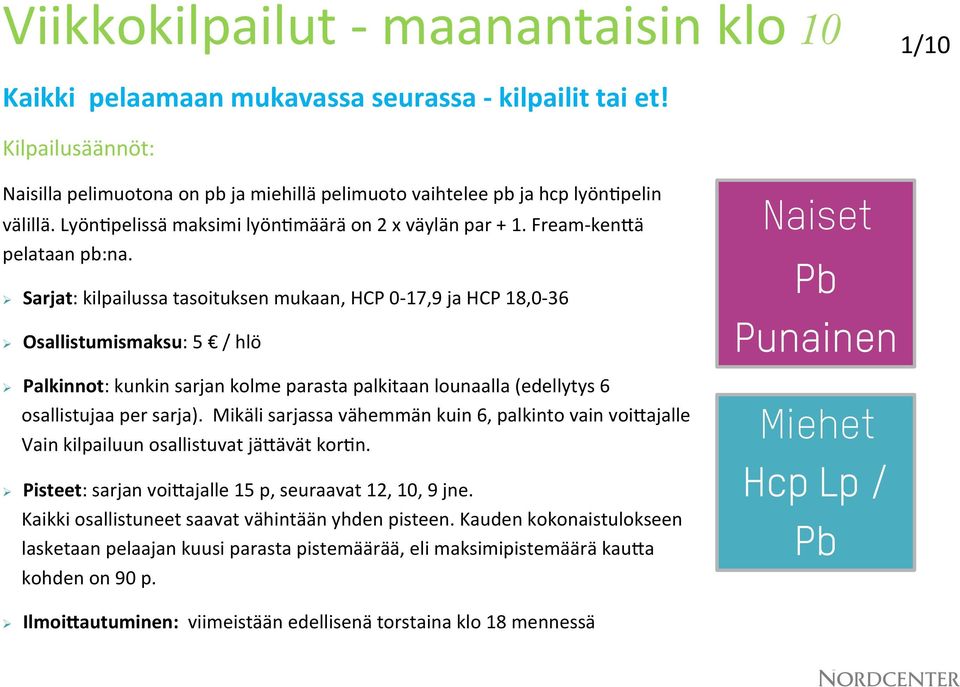 Sarjat: kilpailussa tasoituksen mukaan, HCP 0-17,9 ja HCP 18,0-36 Osallistumismaksu: 5 / hlö Palkinnot: kunkin sarjan kolme parasta palkitaan lounaalla (edellytys 6 osallistujaa per sarja).