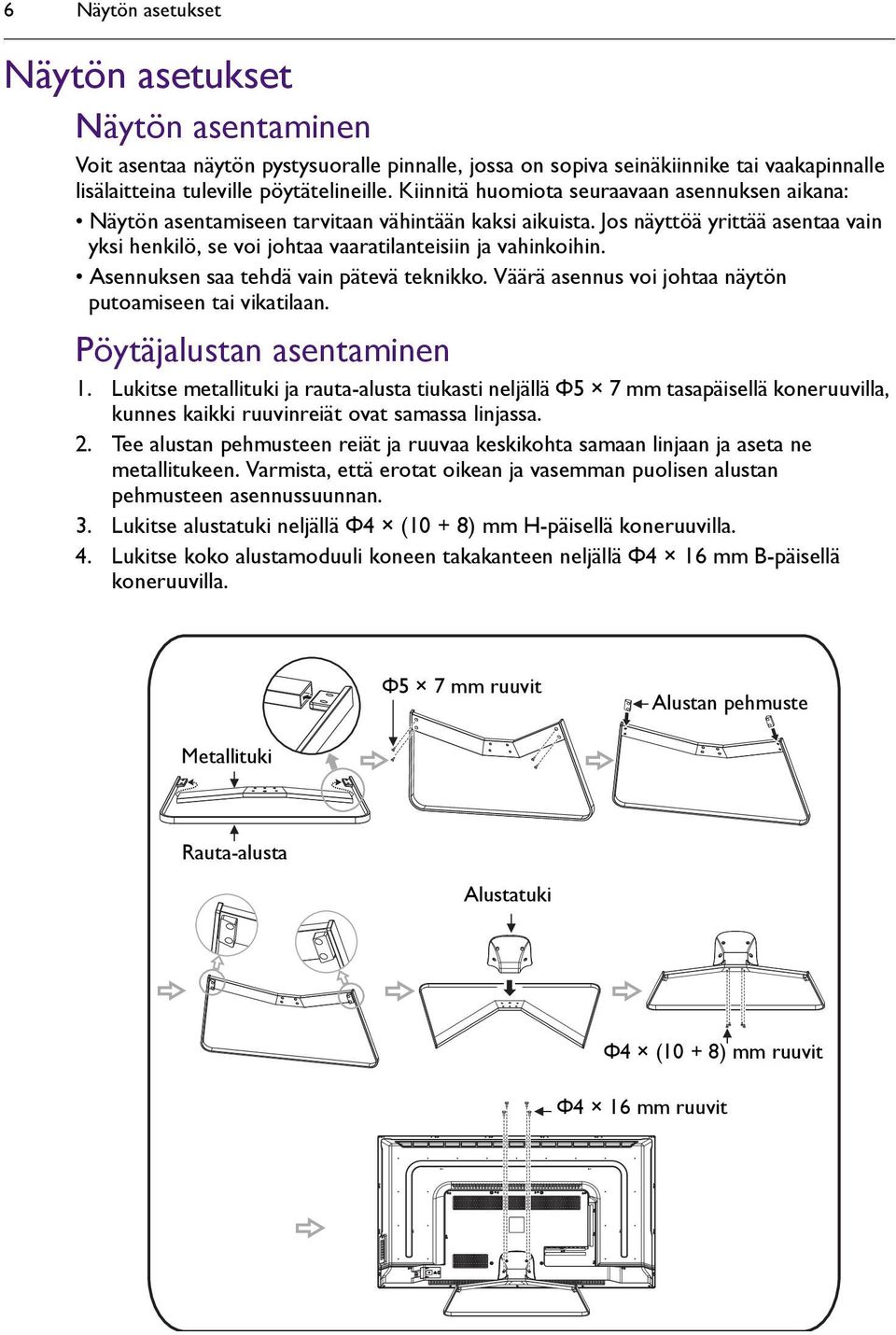 Asennuksen saa tehdä vain pätevä teknikko. Väärä asennus voi johtaa näytön putoamiseen tai vikatilaan. Pöytäjalustan asentaminen 1.