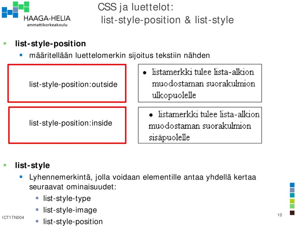list-style-position:inside list-style Lyhennemerkintä, jolla voidaan elementille