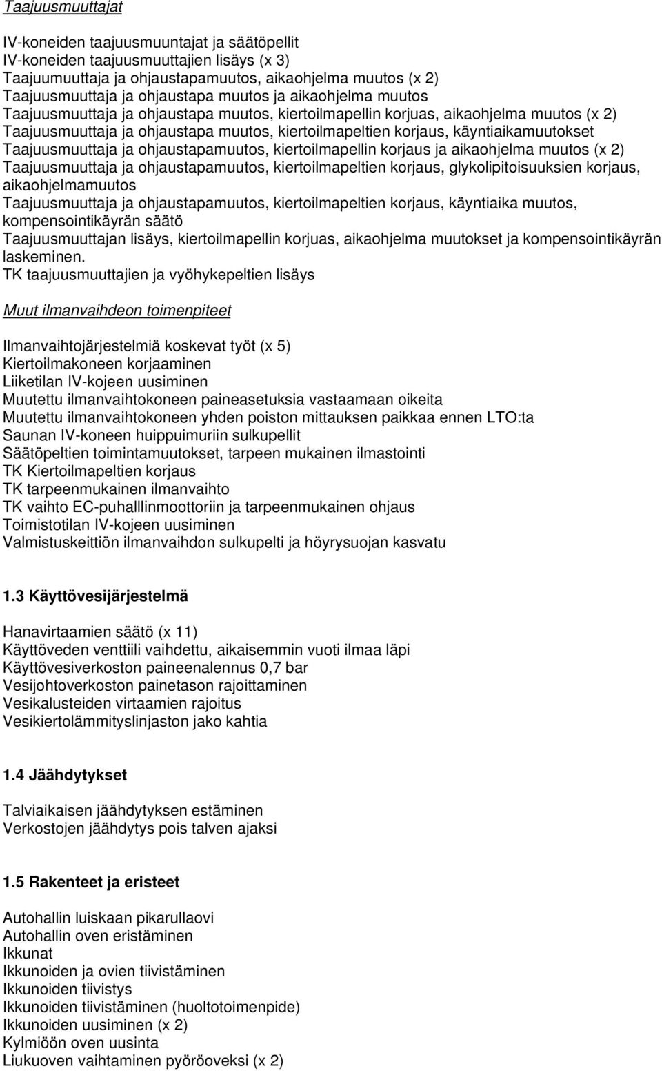 käyntiaikamuutokset Taajuusmuuttaja ja ohjaustapamuutos, kiertoilmapellin korjaus ja aikaohjelma muutos (x 2) Taajuusmuuttaja ja ohjaustapamuutos, kiertoilmapeltien korjaus, glykolipitoisuuksien