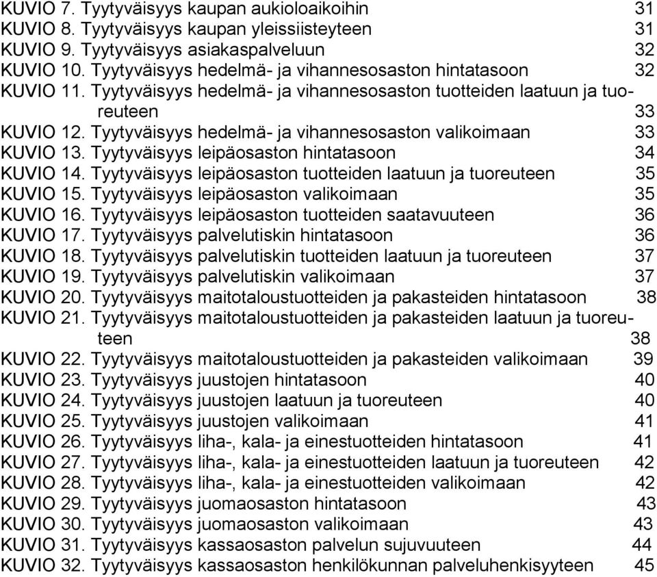 Tyytyväisyys hedelmä- ja vihannesosaston valikoimaan 33 KUVIO 13. Tyytyväisyys leipäosaston hintatasoon 34 KUVIO 14. Tyytyväisyys leipäosaston tuotteiden laatuun ja tuoreuteen 35 KUVIO 15.