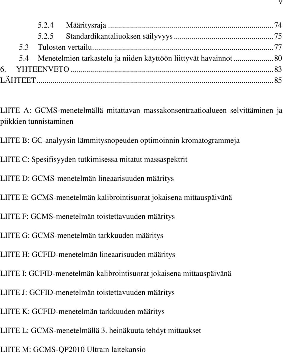tutkimisessa mitatut massaspektrit LIITE D: GCMS-menetelmän lineaarisuuden määritys LIITE E: GCMS-menetelmän kalibrointisuorat jokaisena mittauspäivänä LIITE F: GCMS-menetelmän toistettavuuden