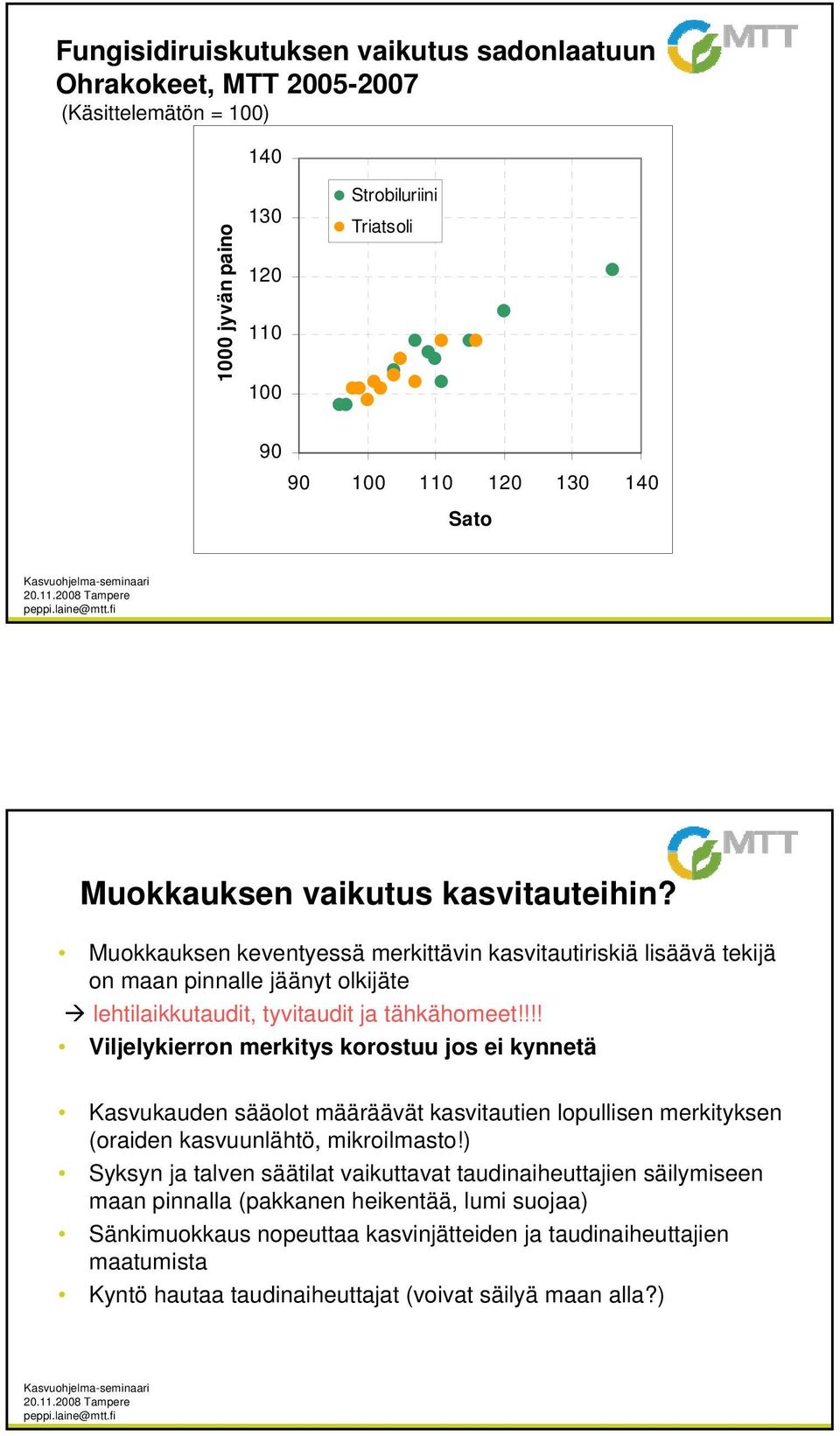 !!! Viljelykierron merkitys korostuu jos ei kynnetä Kasvukauden sääolot määräävät kasvitautien lopullisen merkityksen (oraiden kasvuunlähtö, mikroilmasto!