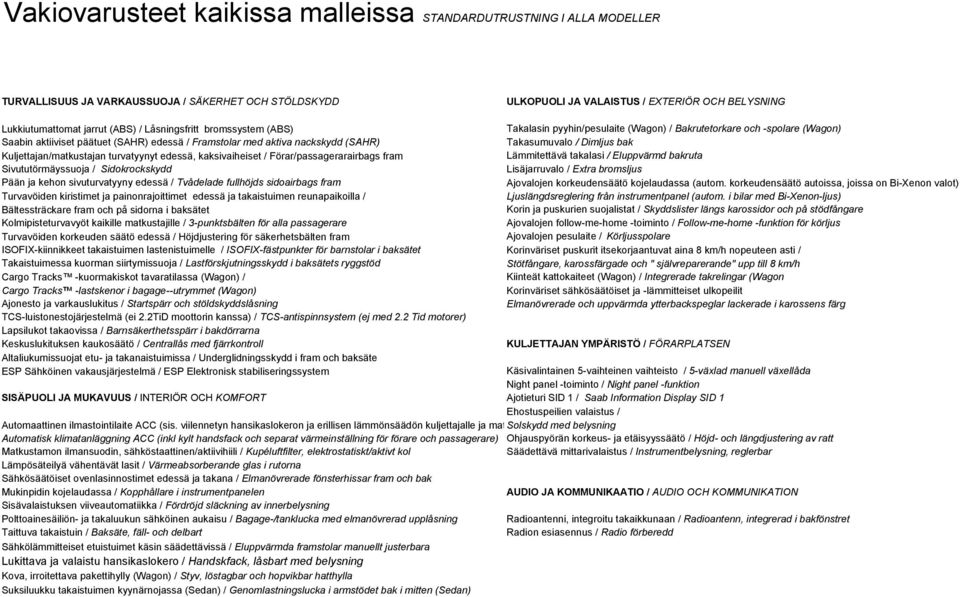 Takasumuvalo / Dimljus bak Kuljettajan/matkustajan turvatyynyt edessä, kaksivaiheiset / Förar/passagerarairbags fram Lämmitettävä takalasi / Eluppvärmd bakruta Sivututörmäyssuoja / Sidokrockskydd