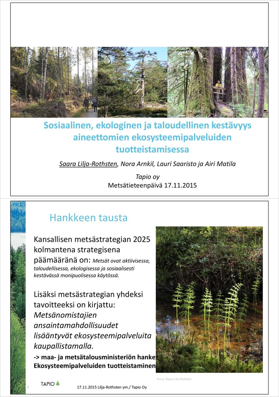 2015 Hankkeen tausta Kansallisen metsästrategian 2025 kolmantena strategisena päämääränä on: Metsät ovat aktiivisessa, taloudellisessa, ekologisessa ja