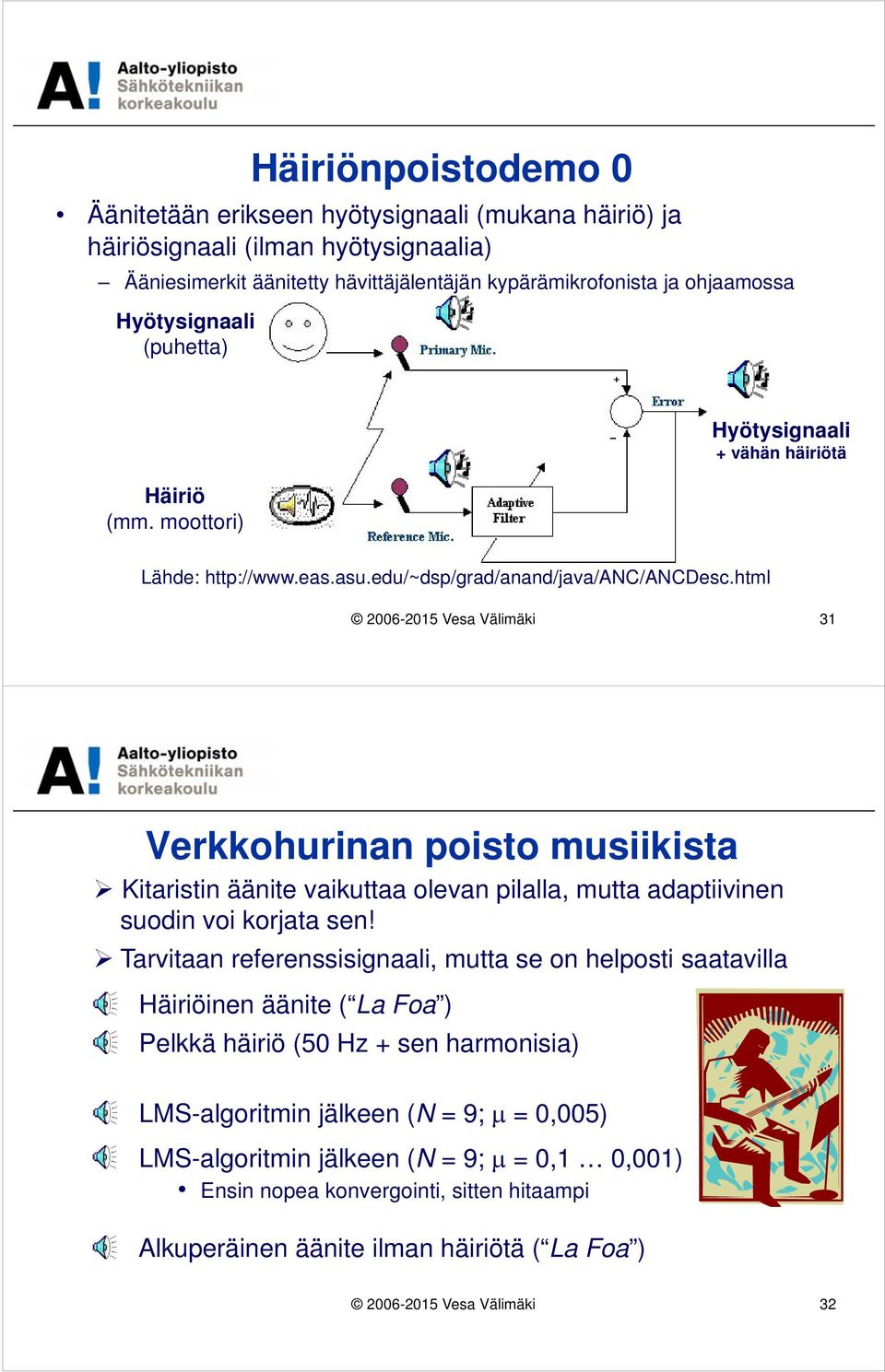 html 2006-2015 Vesa Välimäki 31 Verkkohurinan poisto musiikista Kitaristin äänite vaikuttaa olevan pilalla, mutta adaptiivinen suodin voi korjata sen!