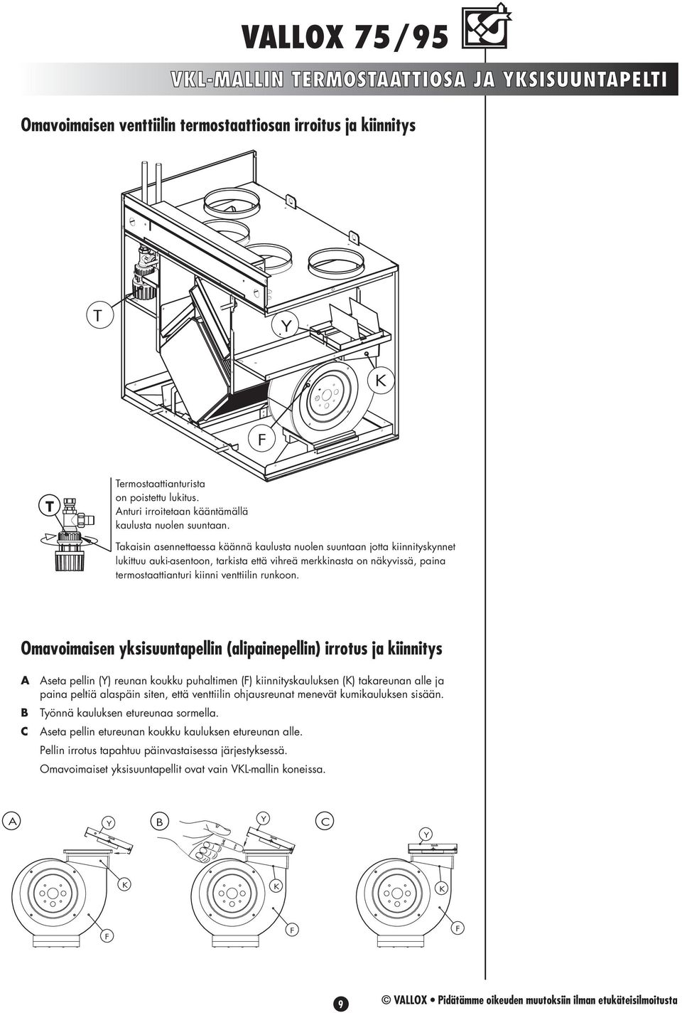 Oavoiaien ykiuuntapellin (alipainepellin) irrotu ja kiinnity A B C Aeta pellin (Y) reunan koukku puhaltien (F) kiinnitykauluken (K) takareunan alle ja paina peltiä alapäin iten, että venttiilin