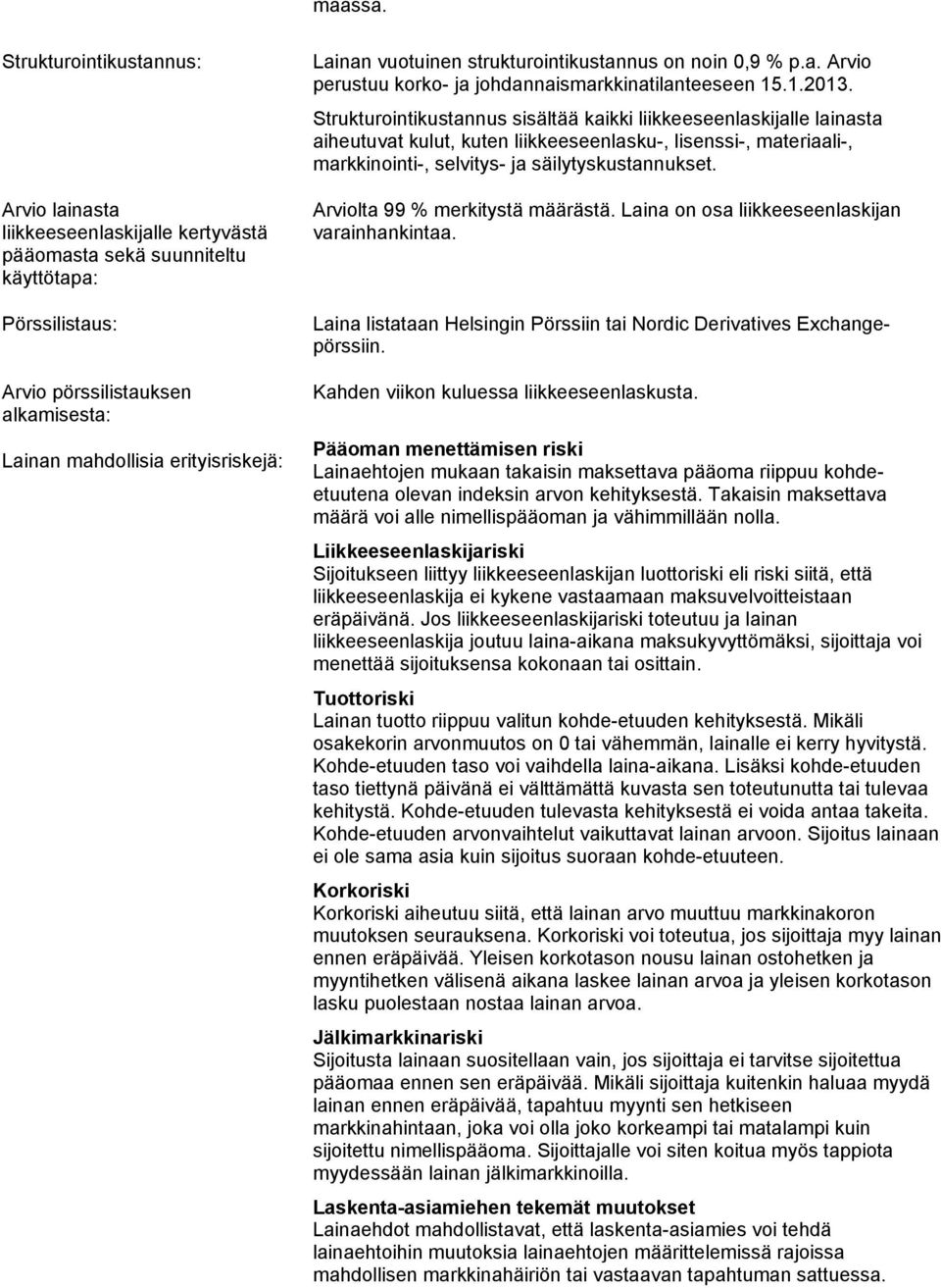 Lainan vuotuinen strukturointikustannus on noin 0,9 % p.a. Arvio perustuu korko- ja johdannaismarkkinatilanteeseen 15.1.2013.