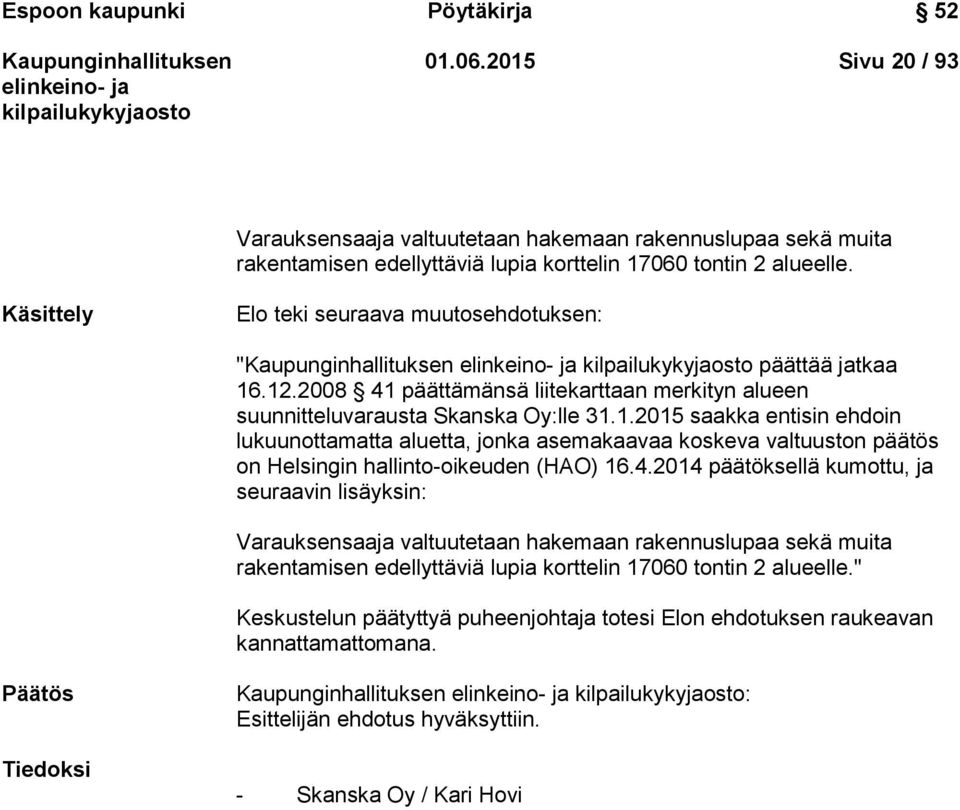 .12.2008 41 päättämänsä liitekarttaan merkityn alueen suunnitteluvarausta Skanska Oy:lle 31.1.2015 saakka entisin ehdoin lukuunottamatta aluetta, jonka asemakaavaa koskeva valtuuston päätös on Helsingin hallinto-oikeuden (HAO) 16.