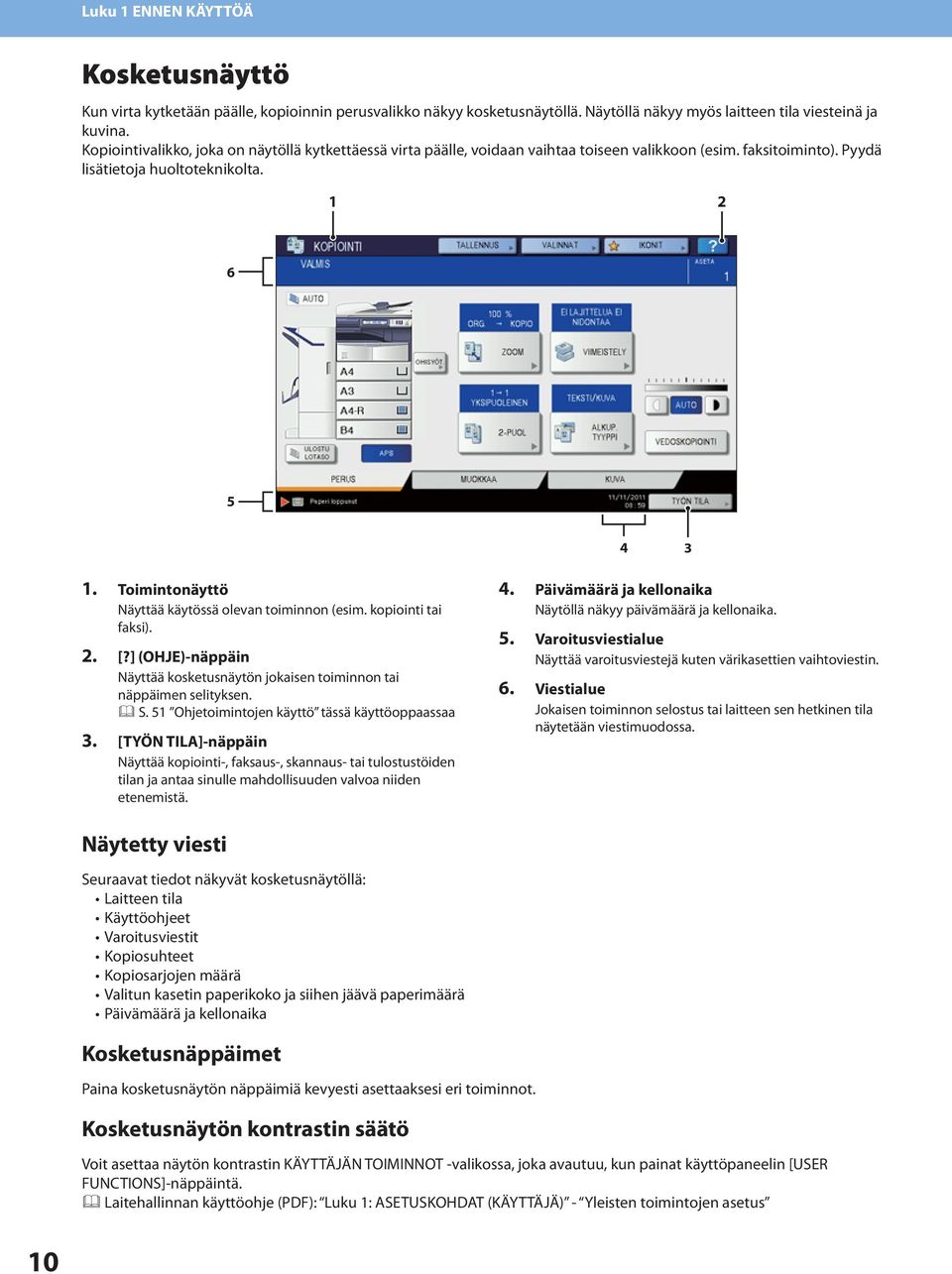 Toimintonäyttö Näyttää käytössä olevan toiminnon (esim. kopiointi tai faksi).. [?] (OHJE)-näppäin Näyttää kosketusnäytön jokaisen toiminnon tai näppäimen selityksen. S.