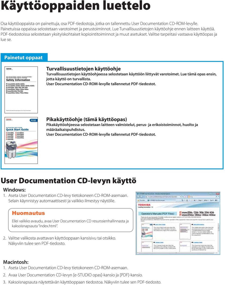 Painetut oppaat Turvallisuustietojen käyttöohje Turvallisuustietojen käyttöohjeessa selostetaan käyttöön liittyvät varotoimet. Lue tämä opas ensin, jotta käyttö on turvallista.