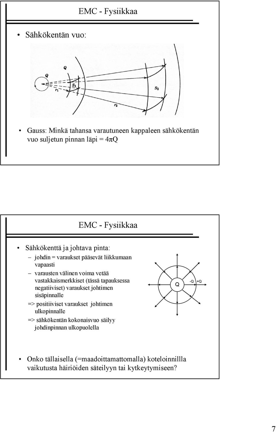 tapauksessa negatiiviset) varaukset johtimen sisäpinnalle => positiiviset varaukset johtimen ulkopinnalle => sähkökentän kokonaisvuo