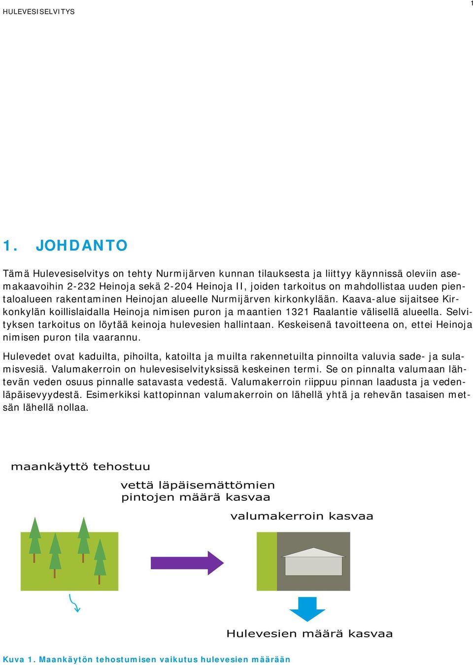 Selvityksen tarkoitus on löytää keinoja hulevesien hallintaan. Keskeisenä tavoitteena on, ettei Heinoja nimisen puron tila vaarannu.