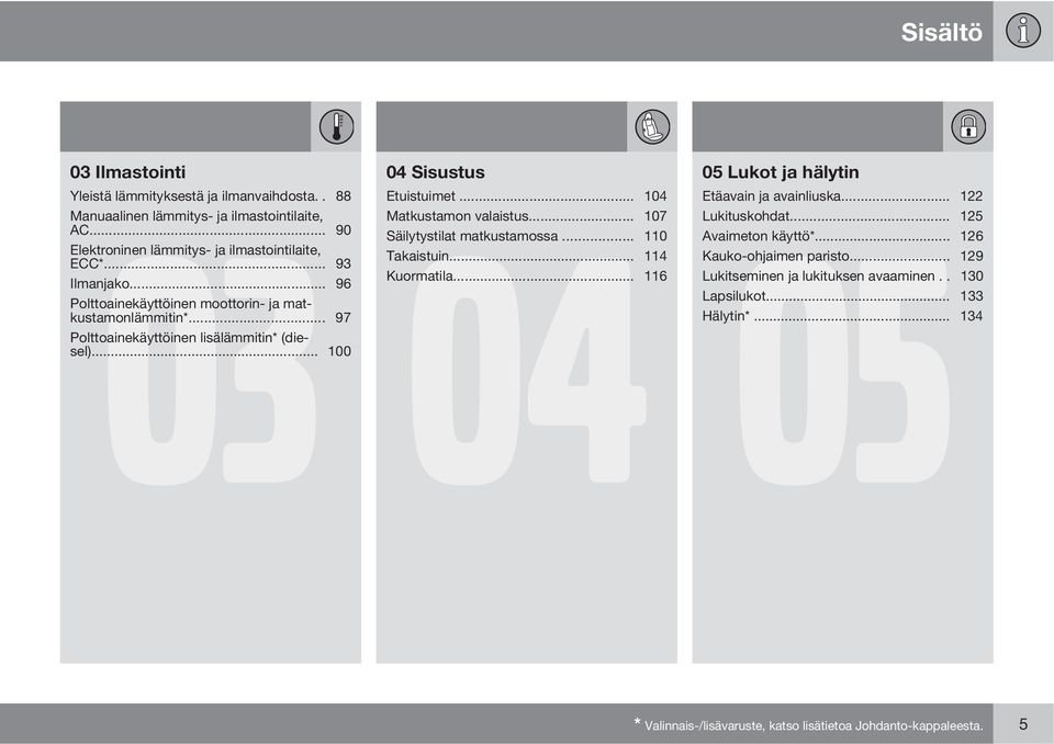 .. 96 Polttoainekäyttöinen moottorin- ja matkustamonlämmitin*... 97 Polttoainekäyttöinen lisälämmitin* (diesel)... 100 05 Lukot ja hälytin 05 Etäavain ja avainliuska.