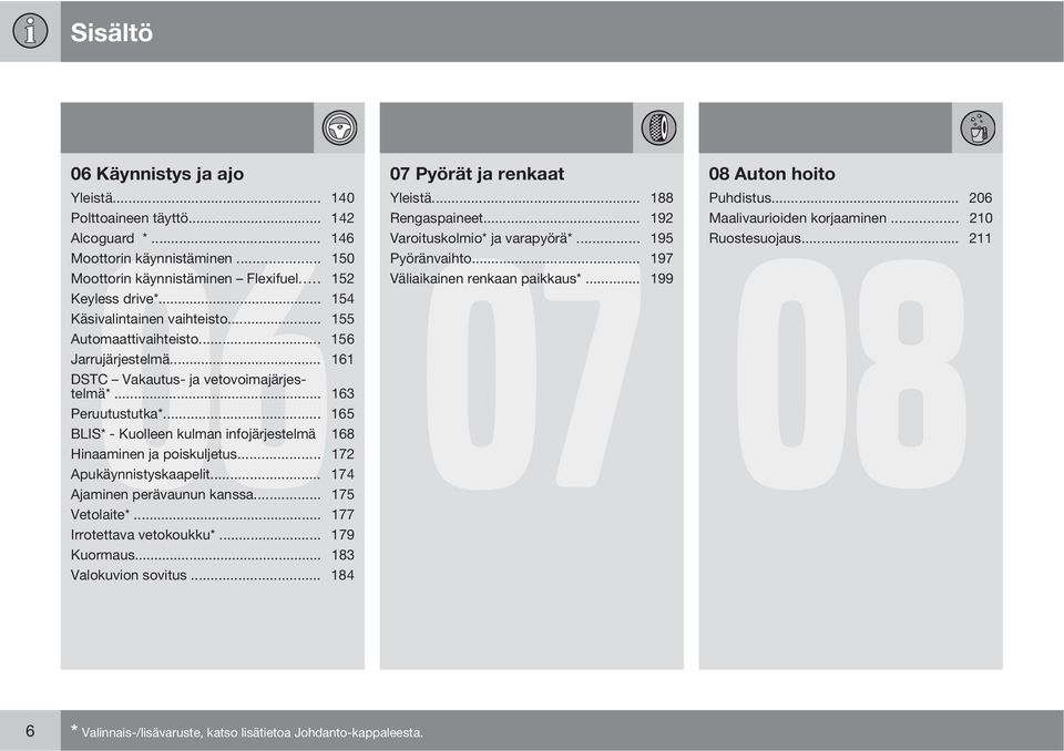 .. 155 Automaattivaihteisto... 156 Jarrujärjestelmä... 161 DSTC Vakautus- ja vetovoimajärjestelmä*... 163 Peruutustutka*... 165 BLIS* - Kuolleen kulman infojärjestelmä 168 Hinaaminen ja poiskuljetus.