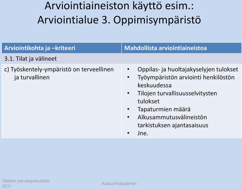 arviointiaineistoa Oppilas- ja huoltajakyselyjen tulokset Työympäristön arviointi henkilöstön