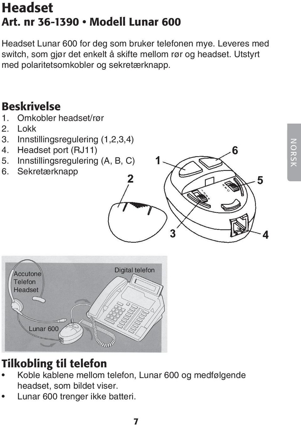 Omkobler headset/rør 2. Lokk 3. Innstillingsregulering (1,2,3,4) 4. Headset port (RJ11) 5. Innstillingsregulering (A, B, C) 6.