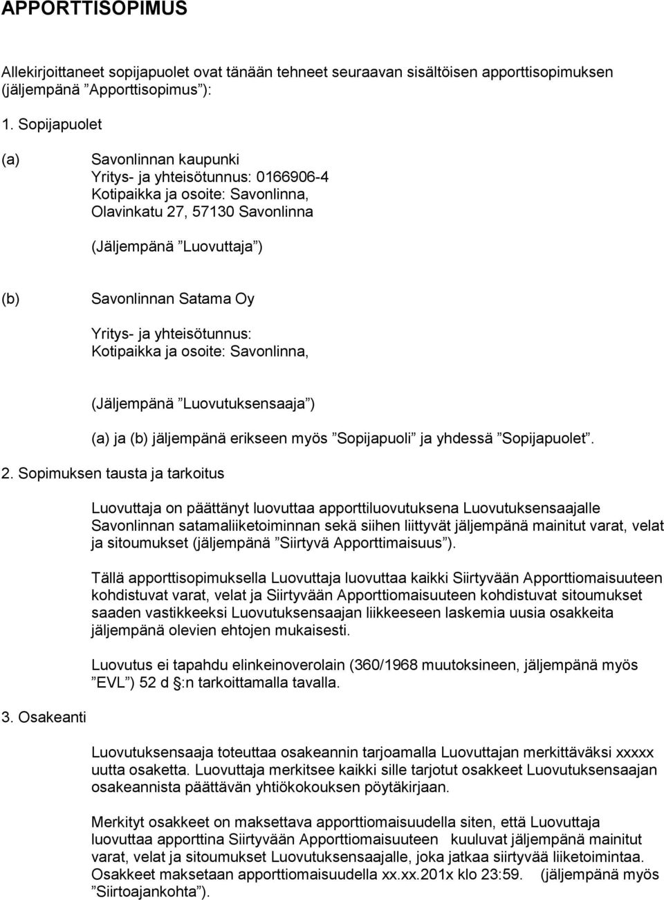 ja yhteisötunnus: Kotipaikka ja osoite: Savonlinna, (Jäljempänä Luovutuksensaaja ) (a) ja (b) jäljempänä erikseen myös Sopijapuoli ja yhdessä Sopijapuolet. 2. Sopimuksen tausta ja tarkoitus 3.