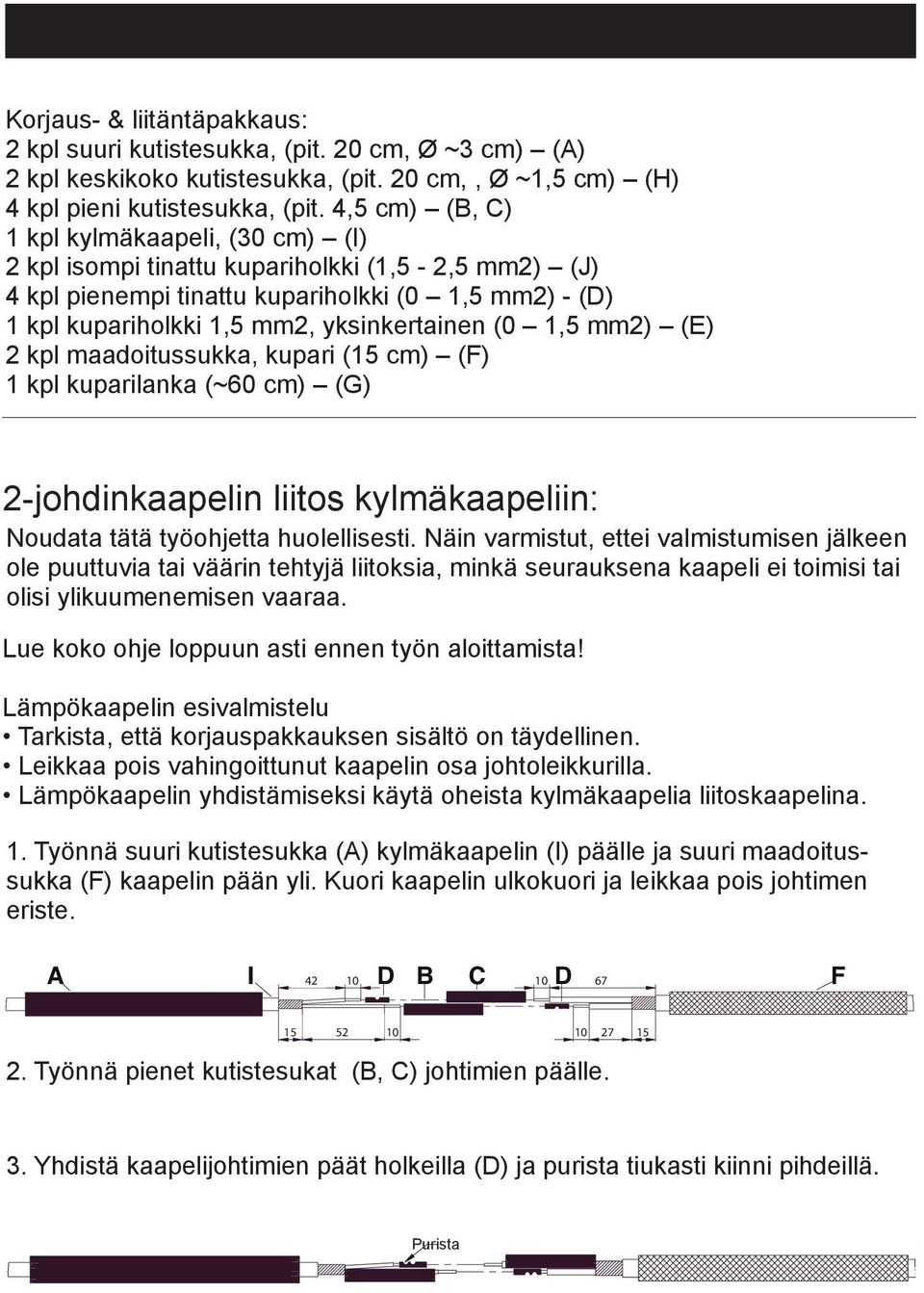 1,5 mm2) (E) 2 kpl maadoitussukka, kupari (15 cm) (F) 1 kpl kuparilanka (~60 cm) (G) 2-johdinkaapelin liitos kylmäkaapeliin: Noudata tätä työohjetta huolellisesti.