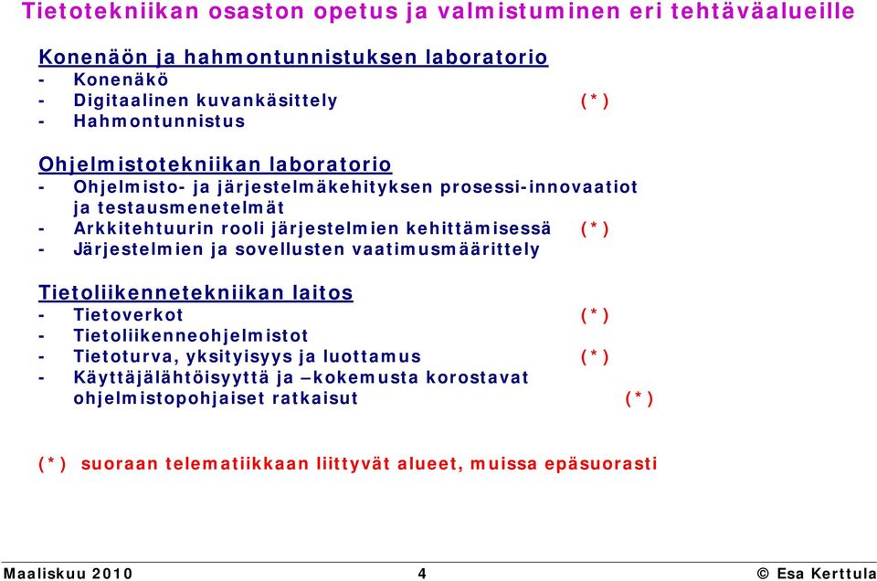 kehittämisessä (*) - Järjestelmien ja sovellusten vaatimusmäärittely Tietoliikennetekniikan laitos - Tietoverkot (*) - Tietoliikenneohjelmistot - Tietoturva, yksityisyys