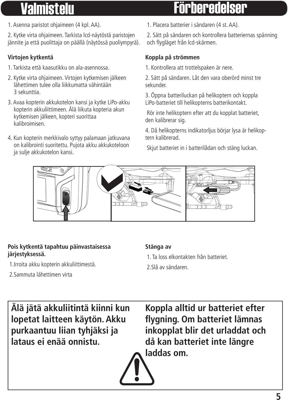 sekunttia. 3. Avaa kopterin akkukotelon kansi ja kytke LiPo-akku kopterin akkuliittimeen. Älä liikuta kopteria akun kytkemisen jälkeen, kopteri suorittaa kalibroimisen. 4.