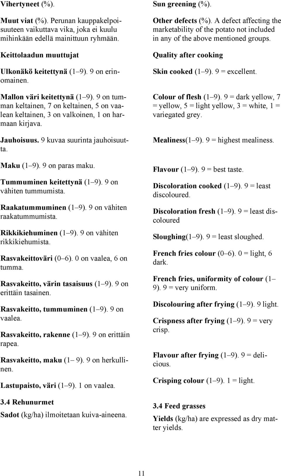 9 on paras maku. Tummuminen keitettynä (1 9). 9 on vähiten tummumista. Raakatummuminen (1 9). 9 on vähiten raakatummumista. Rikkikiehuminen (1 9). 9 on vähiten rikkikiehumista. Rasvakeittoväri (0 6).