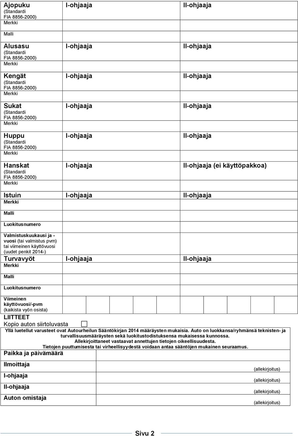 Auto on luokkansa/ryhmänsä teknisten- ja turvallisuusmääräysten sekä luokitustodistuksensa mukaisessa kunnossa. Allekirjoittaneet vastaavat annettujen tietojen oikeellisuudesta.