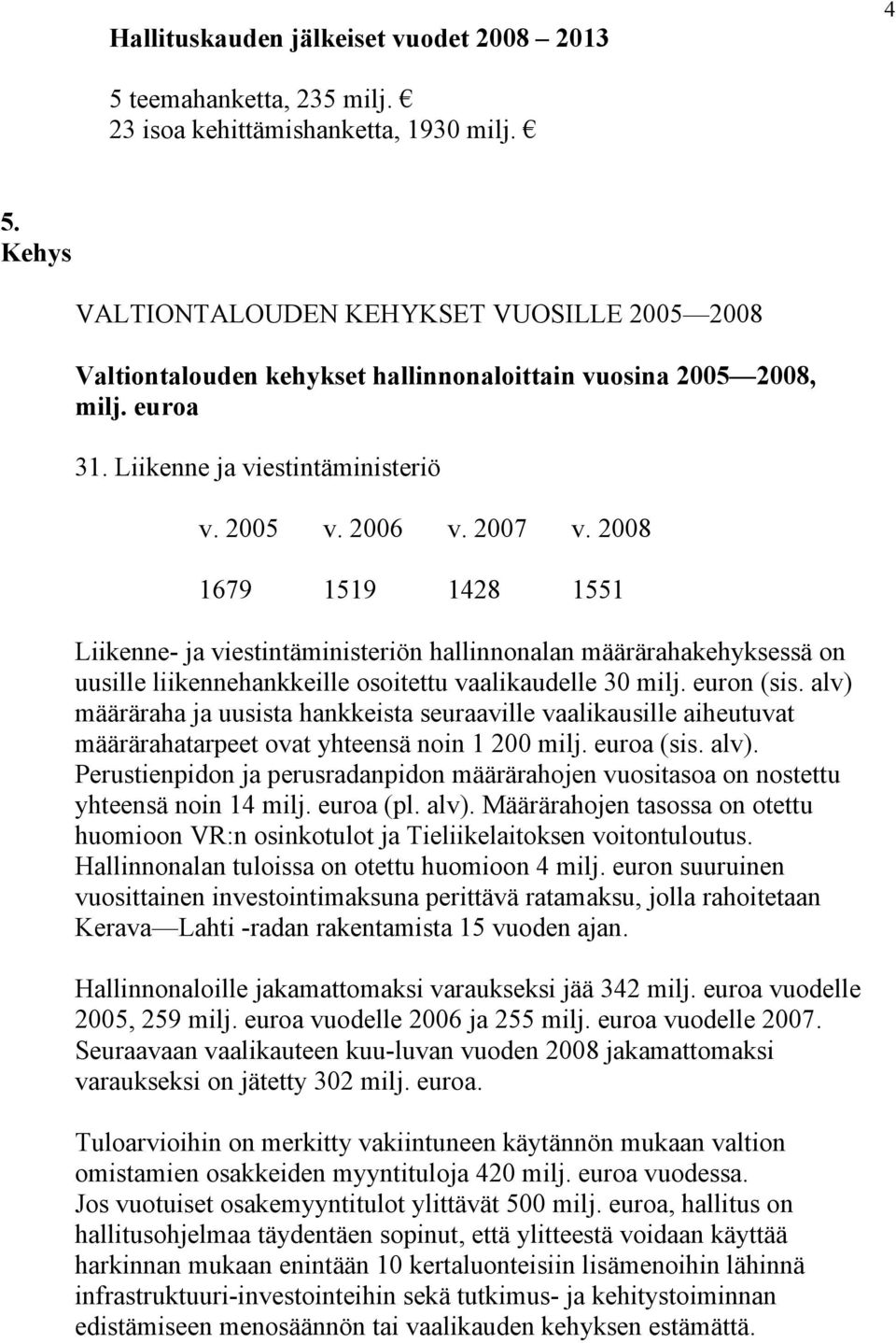 2008 1679 1519 1428 1551 Liikenne- ja viestintäministeriön hallinnonalan määrärahakehyksessä on uusille liikennehankkeille osoitettu vaalikaudelle 30 milj. euron (sis.