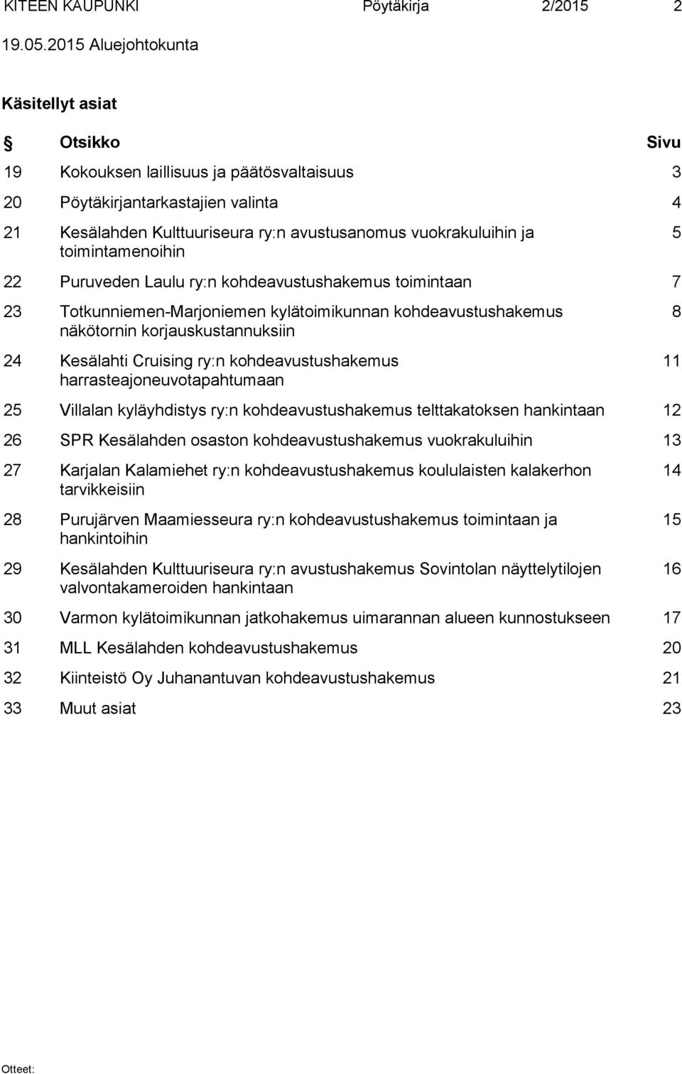 toimintamenoihin 22 Puruveden Laulu ry:n kohdeavustushakemus toimintaan 7 23 Totkunniemen-Marjoniemen kylätoimikunnan kohdeavustushakemus näkötornin korjauskustannuksiin 24 Kesälahti Cruising ry:n