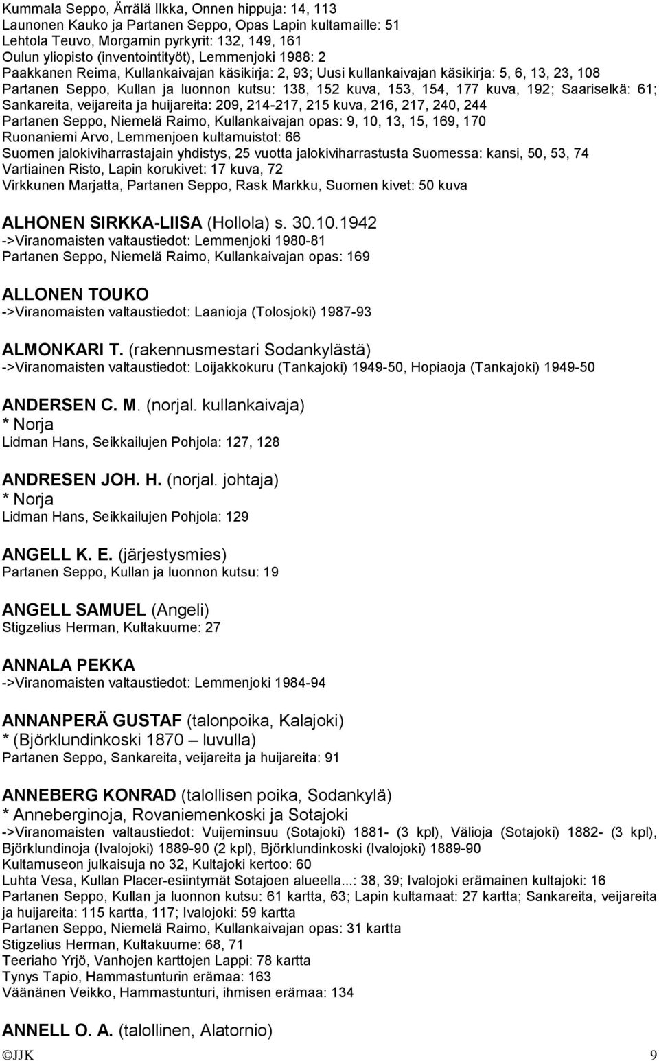 Saariselkä: 61; Sankareita, veijareita ja huijareita: 209, 214-217, 215 kuva, 216, 217, 240, 244 Partanen Seppo, Niemelä Raimo, Kullankaivajan opas: 9, 10, 13, 15, 169, 170 Ruonaniemi Arvo,