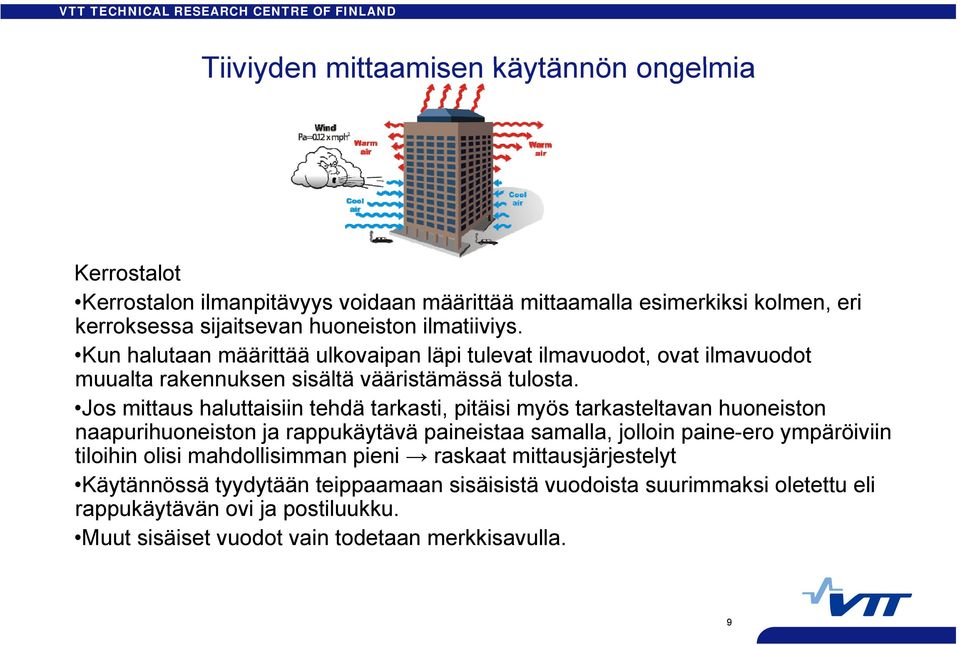 Jos mittaus haluttaisiin tehdä tarkasti, pitäisi myös tarkasteltavan huoneiston naapurihuoneiston ja rappukäytävä paineistaa samalla, jolloin paine-ero ympäröiviin tiloihin