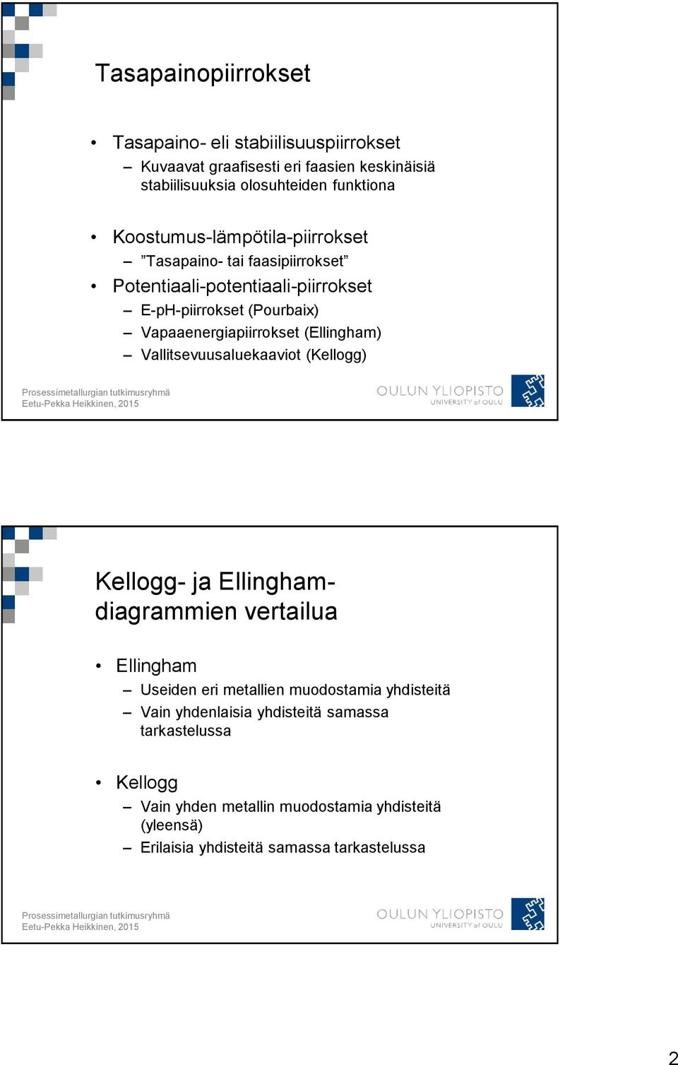 (Ellingham) Vallitsevuusaluekaaviot (Kellogg) Kellogg- ja Ellinghamdiagrammien vertailua Ellingham Useiden eri metallien muodostamia yhdisteitä