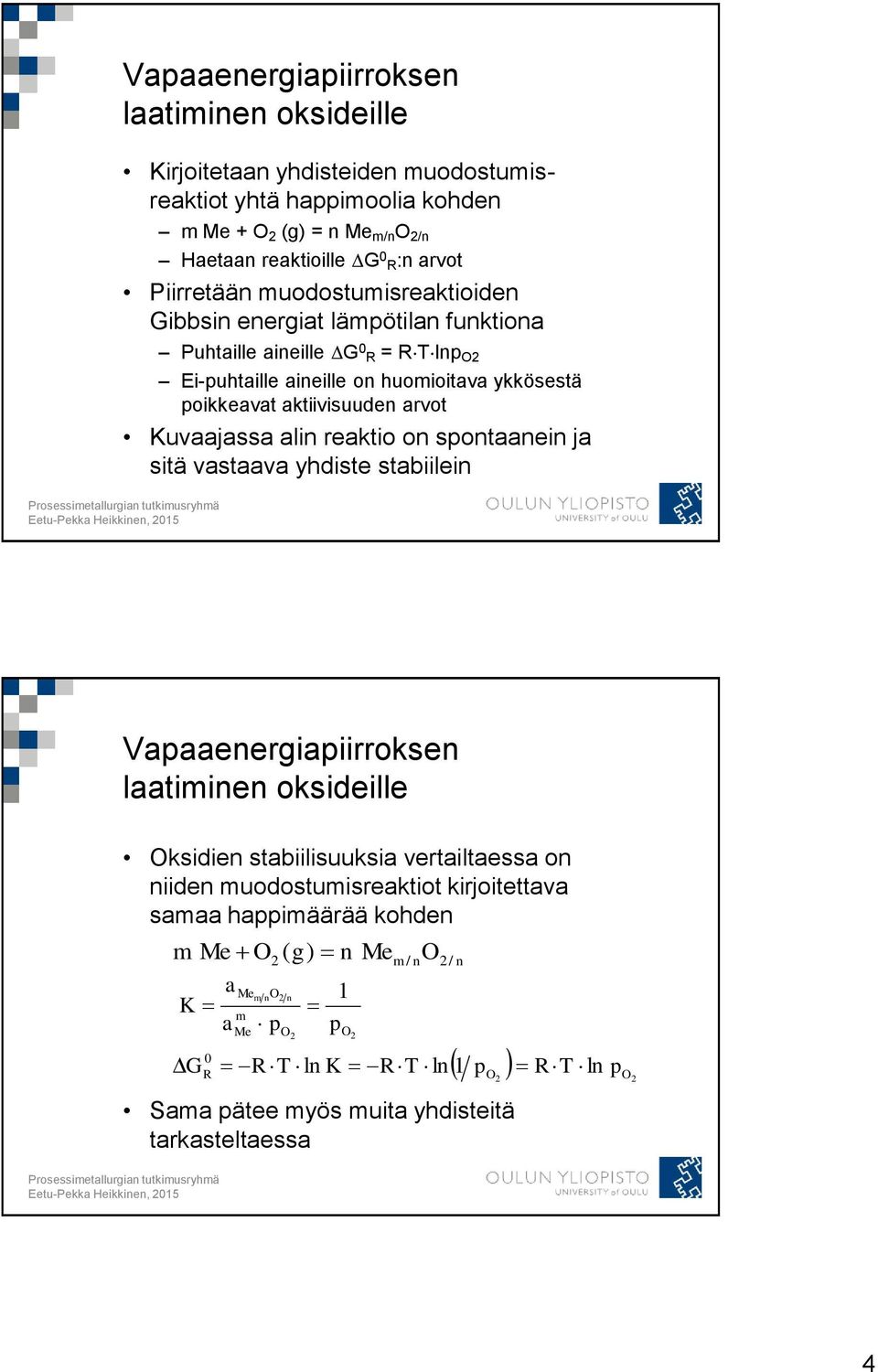 Kuvaajassa alin reaktio on spontaanein ja sitä vastaava yhdiste stabiilein Vapaaenergiapiirroksen laatiminen oksideille Oksidien stabiilisuuksia vertailtaessa on niiden muodostumisreaktiot