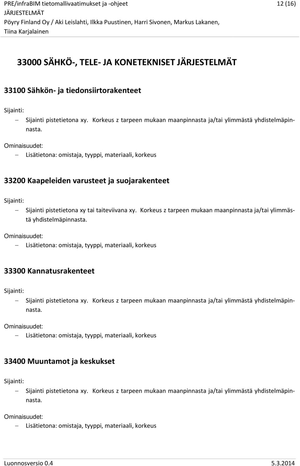 Korkeus z tarpeen mukaan maanpinnasta ja/tai ylimmästä yhdistelmäpinnasta. Lisätietona: omistaja, tyyppi, materiaali, korkeus 33300 Kannatusrakenteet Sijainti pistetietona xy.