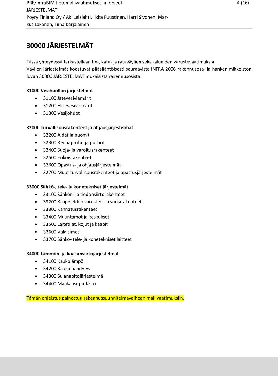 31200 Hulevesiviemärit 31300 Vesijohdot 32000 Turvallisuusrakenteet ja ohjausjärjestelmät 32200 Aidat ja puomit 32300 Reunapaalut ja pollarit 32400 Suoja ja varoitusrakenteet 32500 Erikoisrakenteet