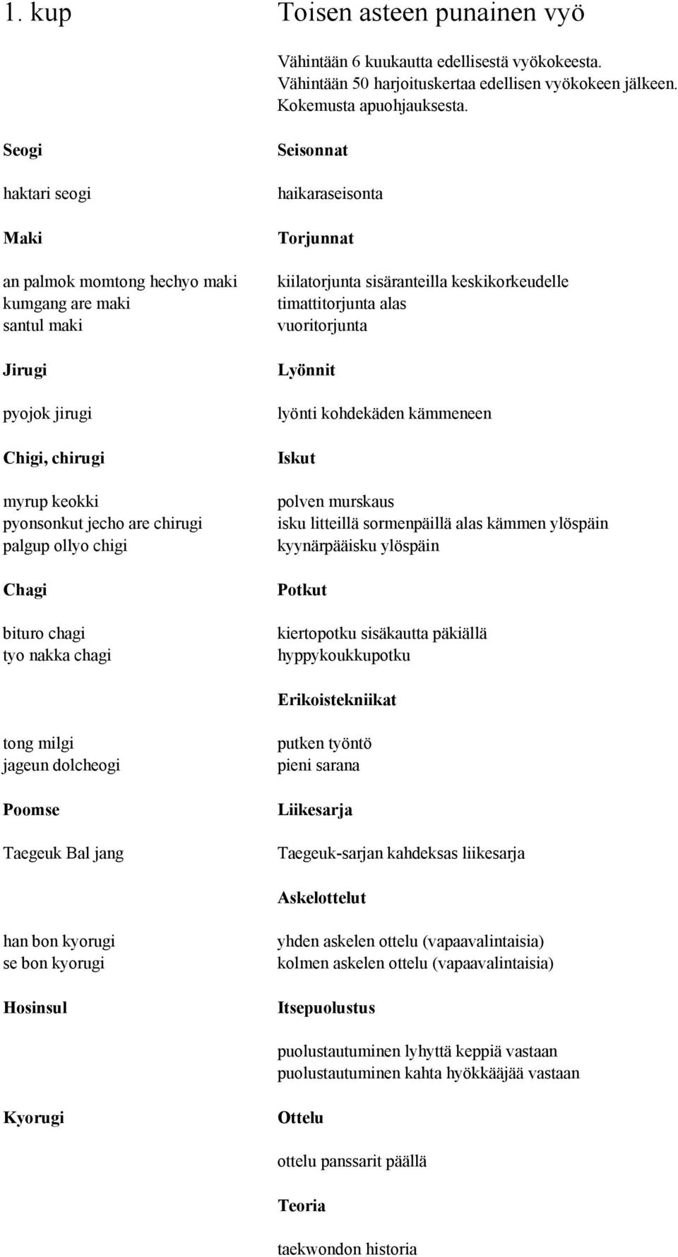 kiilatorjunta sisäranteilla keskikorkeudelle timattitorjunta alas vuoritorjunta lyönti kohdekäden kämmeneen polven murskaus isku litteillä sormenpäillä alas kämmen ylöspäin kyynärpääisku ylöspäin