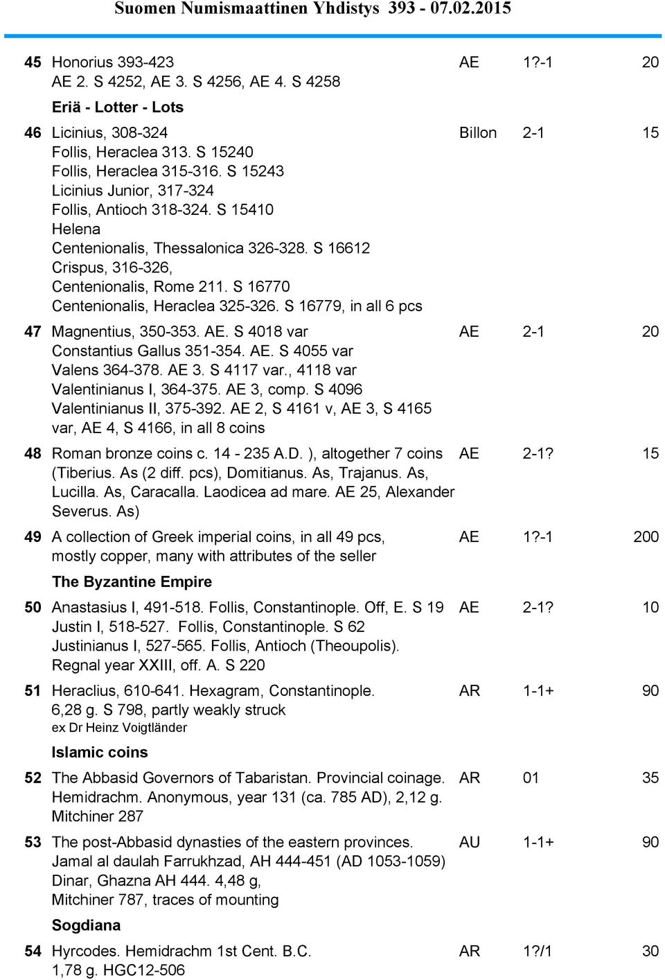 S 16770 Centenionalis, Heraclea 325-326. S 16779, in all 6 pcs Billon 2-1 15 47 Magnentius, 350-353. AE. S 4018 var Constantius Gallus 351-354. AE. S 4055 var Valens 364-378. AE 3. S 4117 var.